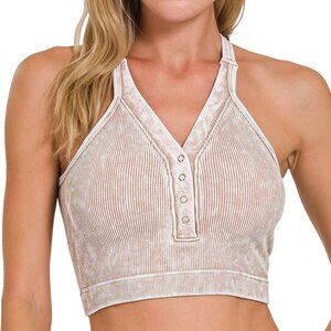 NWT WASHED RIBBED CROPPED BUTTON V-NECK TANK TOP - Ash Mocha